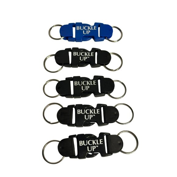 BUCKLE-UP Safety Keychain Set Lot of 5 Plastic Promotional Keyrings Blue & Black - Picture 1 of 5